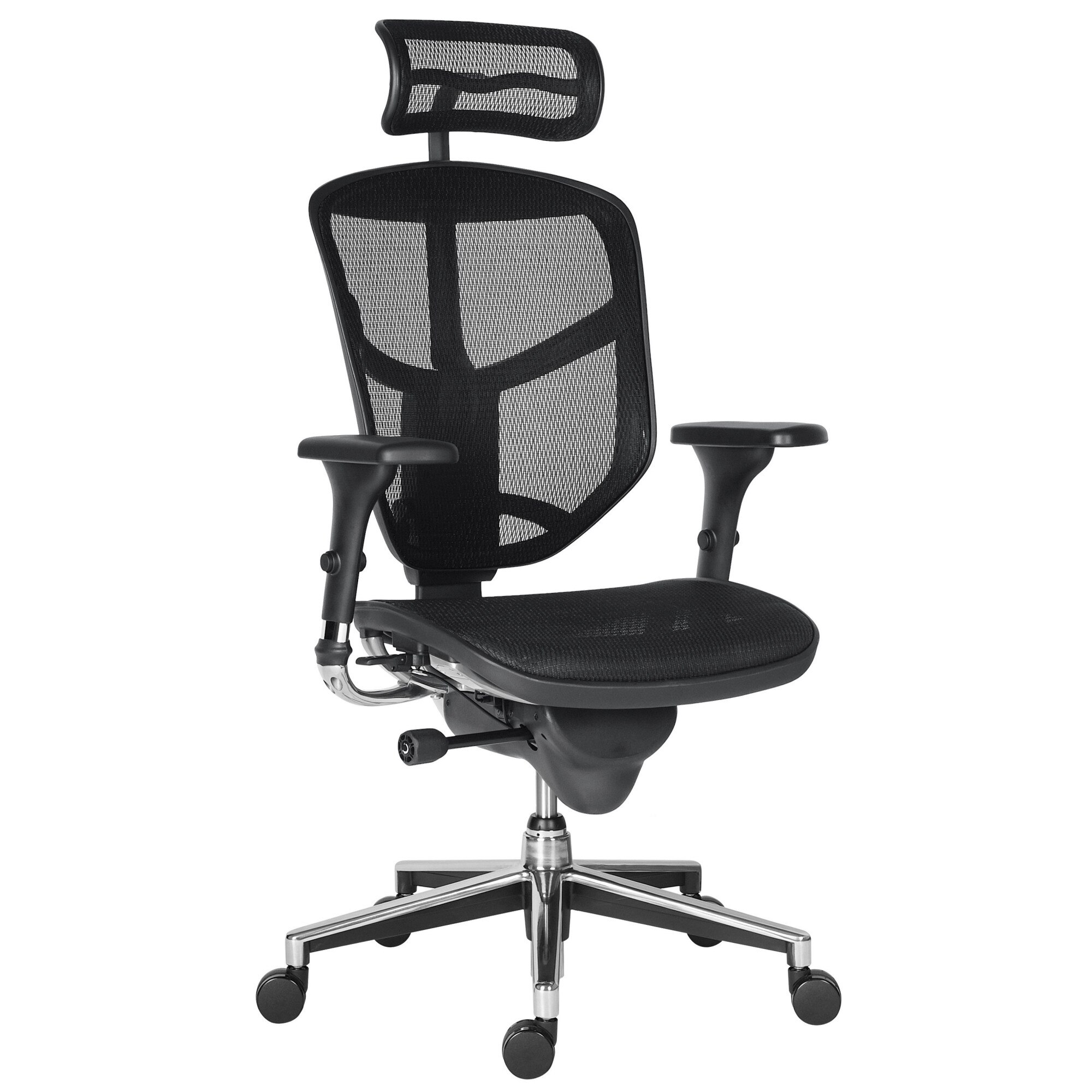 Scaun ergonomic Enjoy, mesh negru, cadru negru, tetiera 2D, brate ajustabile, translatie sezut, balans cu blocare