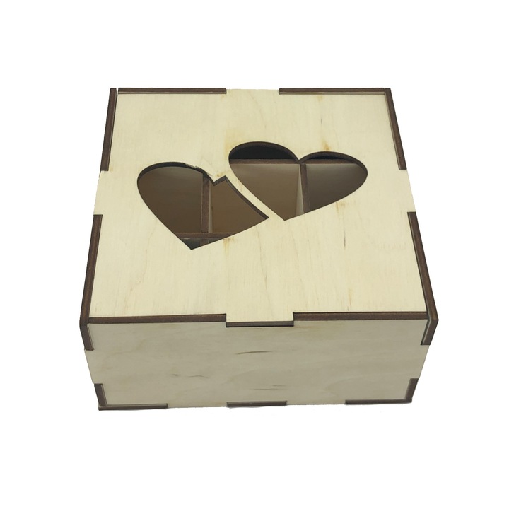Cutie cadou din lemn cu model inimi mari 13.6x13.6x6.5 cm