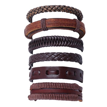 Set 6 bratari cu multiple straturi MBrands pentru barbati, din piele naturala, maro inchis Set 6 bratari cu multiple straturi MBrands pentru barbati, din piele naturala, maro inchis
