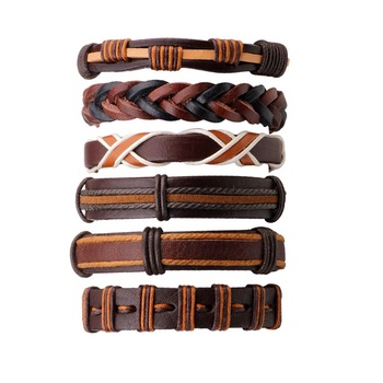 Set 6 bratari cu multiple straturi MBrands pentru barbati, din piele naturala, maro , impletita Set 6 bratari cu multiple straturi MBrands pentru barbati, din piele naturala, maro , impletita