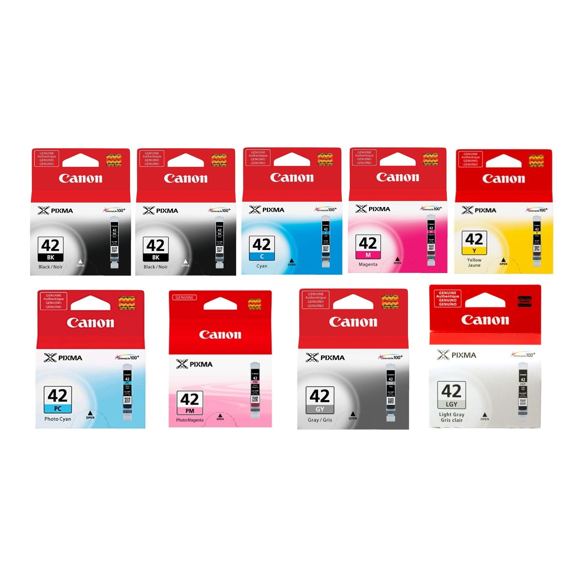 Pachet cartuse cerneala CLI-42BK negru x2 CLI-42C cyan CLI-42M magenta CLI-42Y galben CLI-42PC cyan foto CLI-42PM magenta foto CLI-42GY gri CLI-42LGY gri deschis Canon original