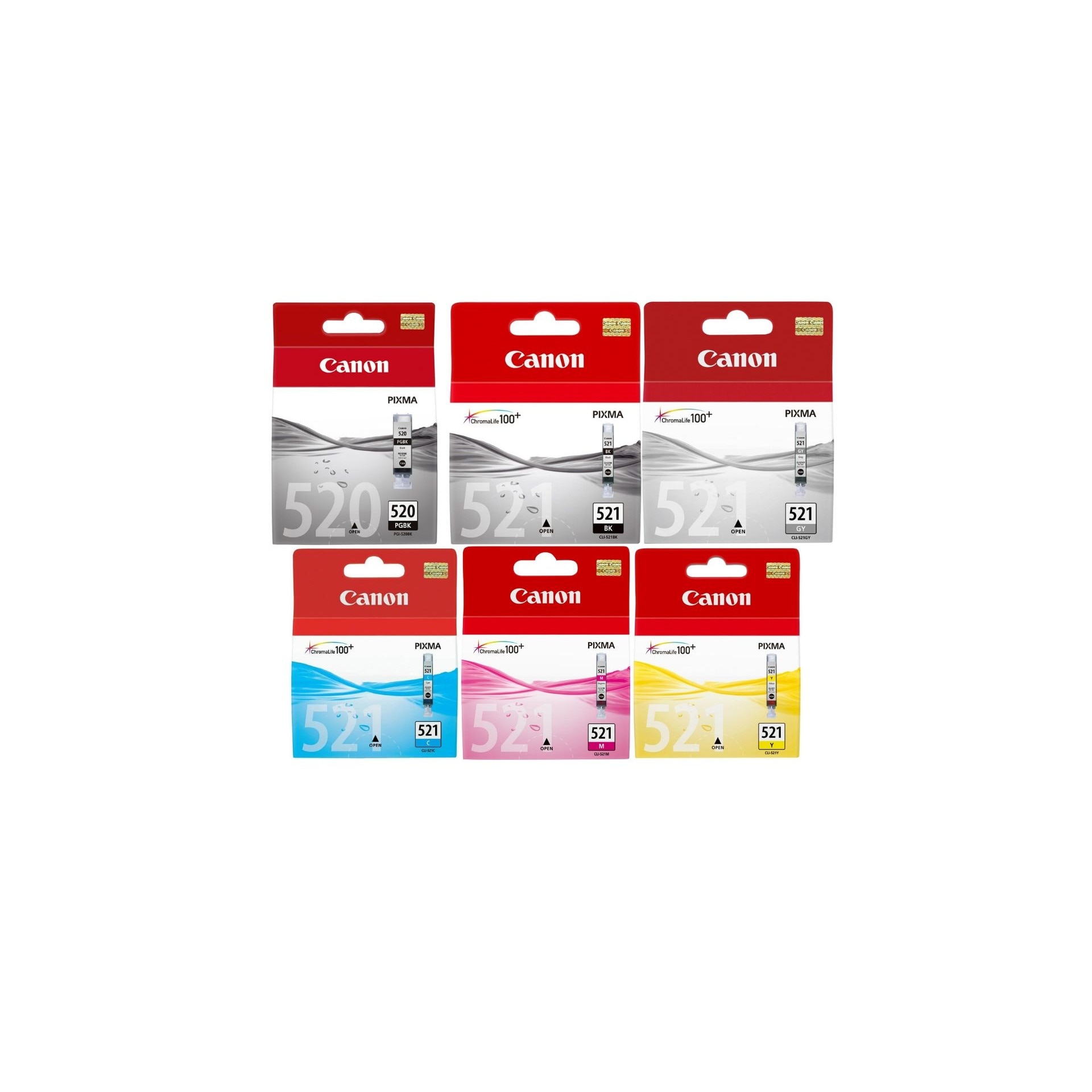 Pachet cartuse cerneala PGI-520BK negru CLI-521BK negru CLI-521C cyan CLI-521M magenta CLI-521Y galben CLI-521GY gri Canon original 3825 pagini