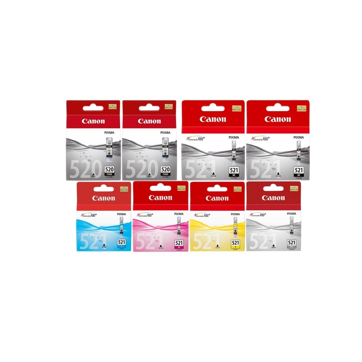 Pachet cartuse cerneala PGI-520BK negru x2 CLI-521BK negru x2 CLI-521C cyan CLI-521M magenta CLI-521Y galben CLI-521GY gri Canon original 4810 pagini