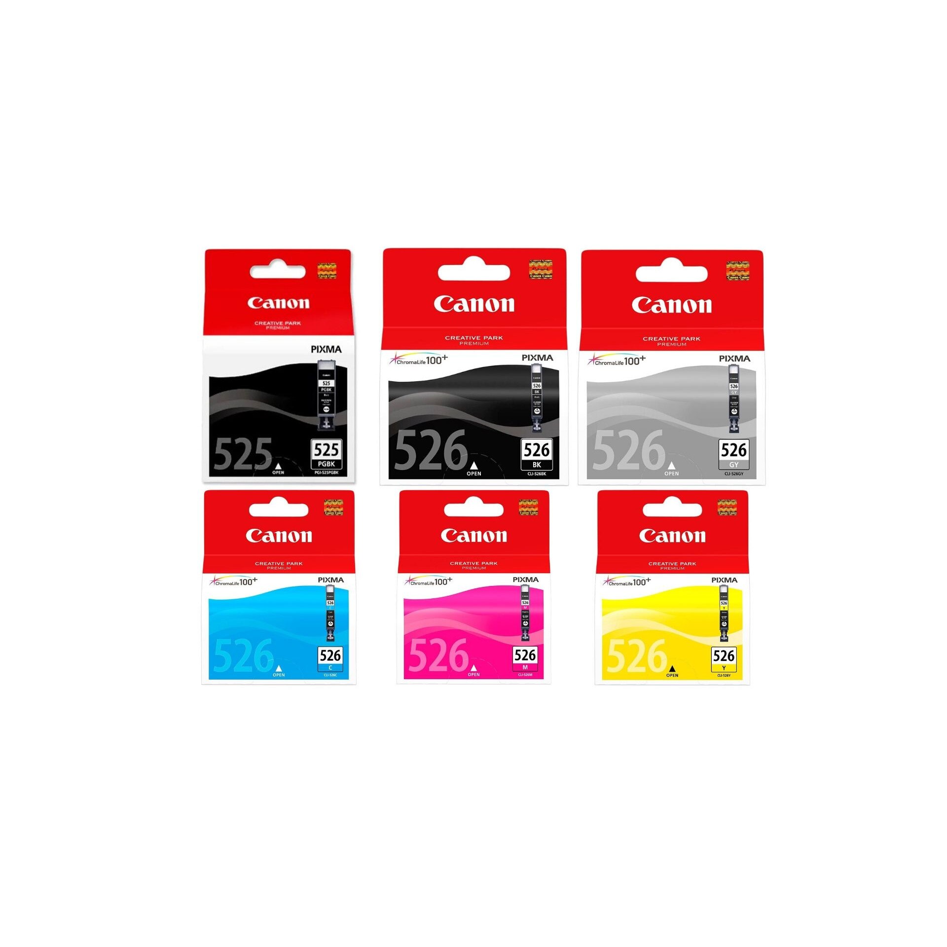 Pachet cartuse cerneala PGI-525BK negru CLI-526BK negru CLI-526C cyan CLI-526M magenta CLI-526Y galben CLI-526GY gri Canon original 4365 pagini