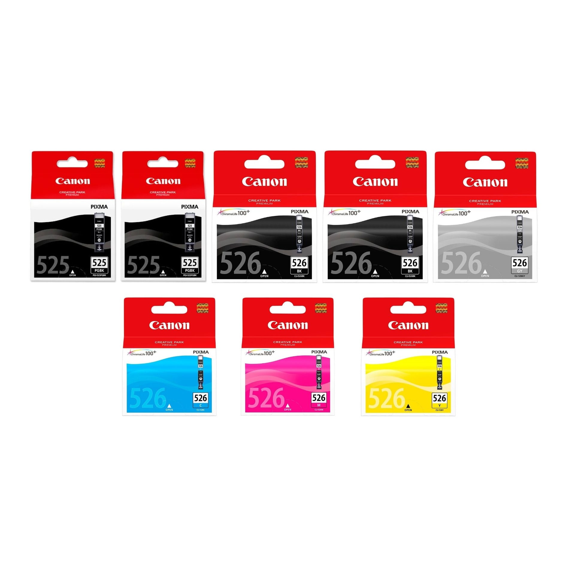 Pachet cartuse cerneala PGI-525BK negru x2 CLI-526BK negru x2 CLI-526C cyan CLI-526M magenta CLI-526Y galben CLI-526GY gri Canon original 6861 pagini