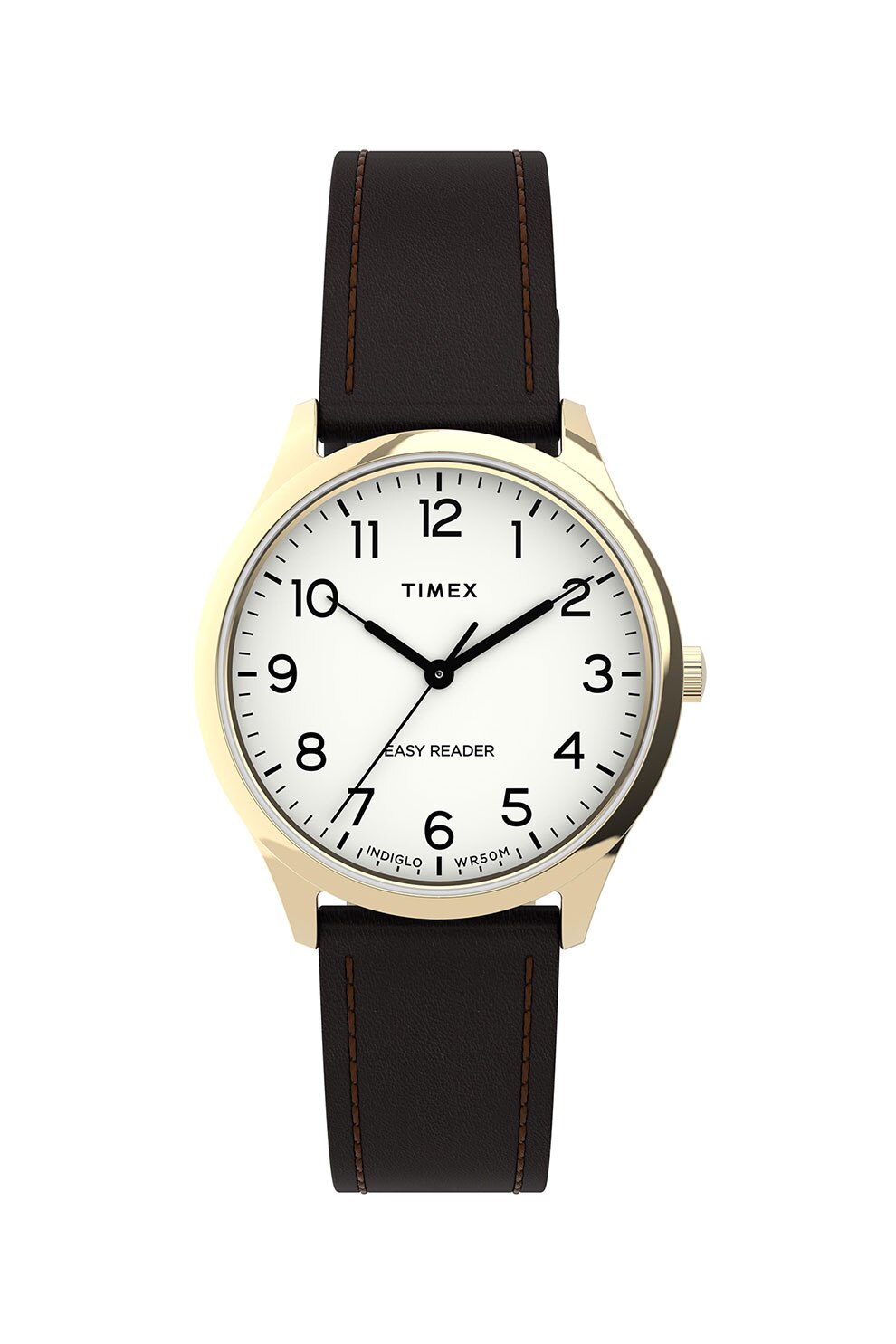 Timex, Ceas analog cu o curea din piele, Maro inchis