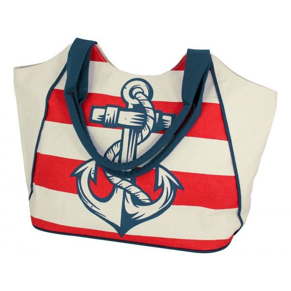 Geanta cumparaturi Sea Club, model cu dungi, alb/rosu, L 52cm