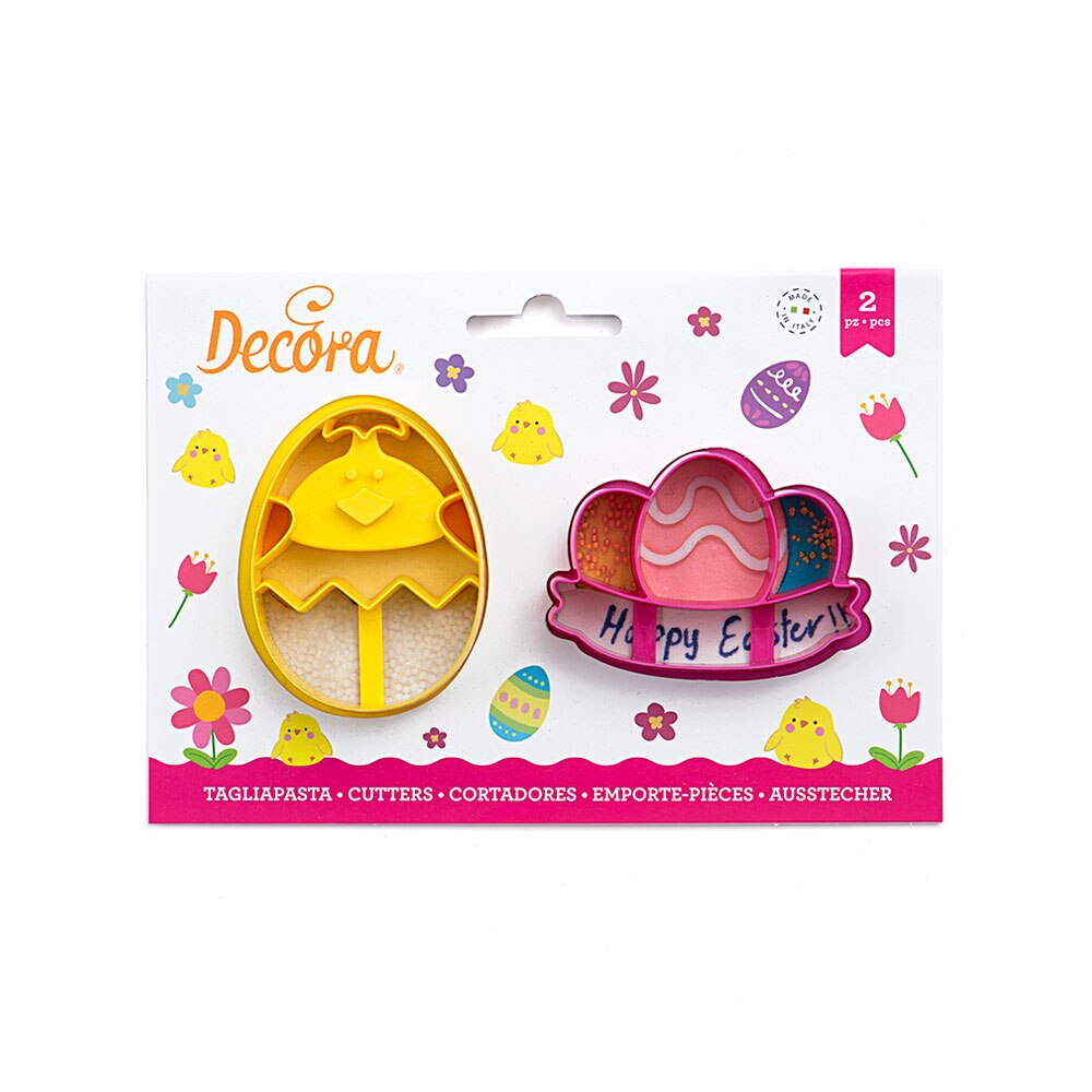 Set decupatoare din plastic pui si oua, 2 bucati, Portocaliu, Roz, Decora