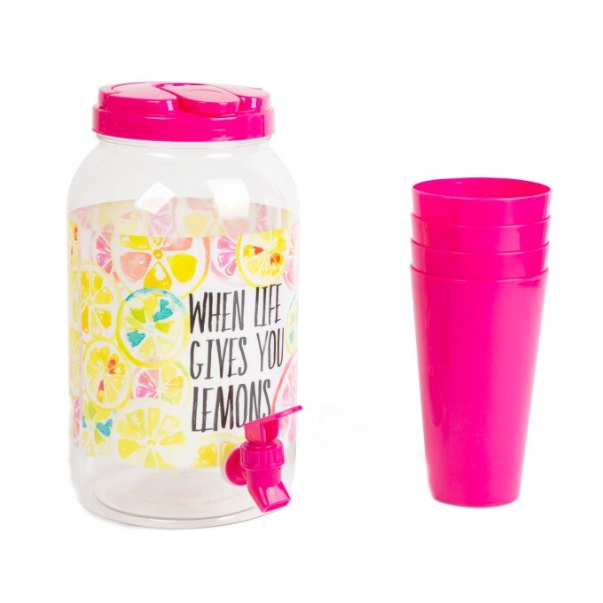 Pachet Dozator bauturi cu robinet, cu set pahare plastic, 3,8L, roz-fresh lemon