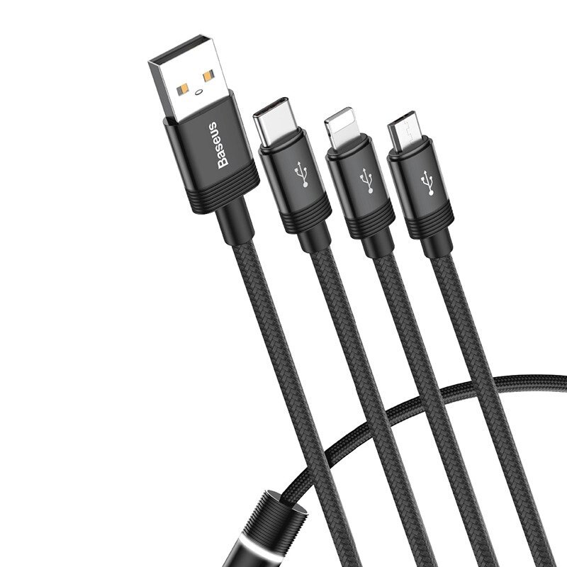Cablu de date 3 in 1 Baseus Data Faction, USB - micro USB, USB-C, Ligthing, culoare negru