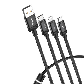 Cablu de date 3 in 1 Baseus Data Faction, USB - micro USB, USB-C, Ligthing, culoare negru Cablu de date 3 in 1 Baseus Data Faction, USB - micro USB, USB-C, Ligthing, culoare negru