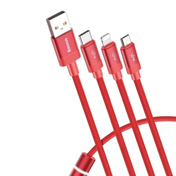 Cablu de date 3 in 1 Baseus Data Faction, USB - micro USB, USB-C, Ligthing, culoare rosu Cablu de date 3 in 1 Baseus Data Faction, USB - micro USB, USB-C, Ligthing, culoare rosu