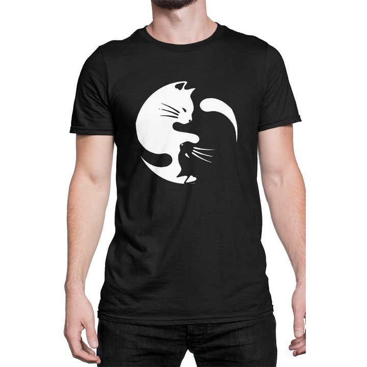 Tricou personalizat, "Yin si Yang Cat", tricou pentru barbati, bumbac 100%, culoare negru, marimea 2XL