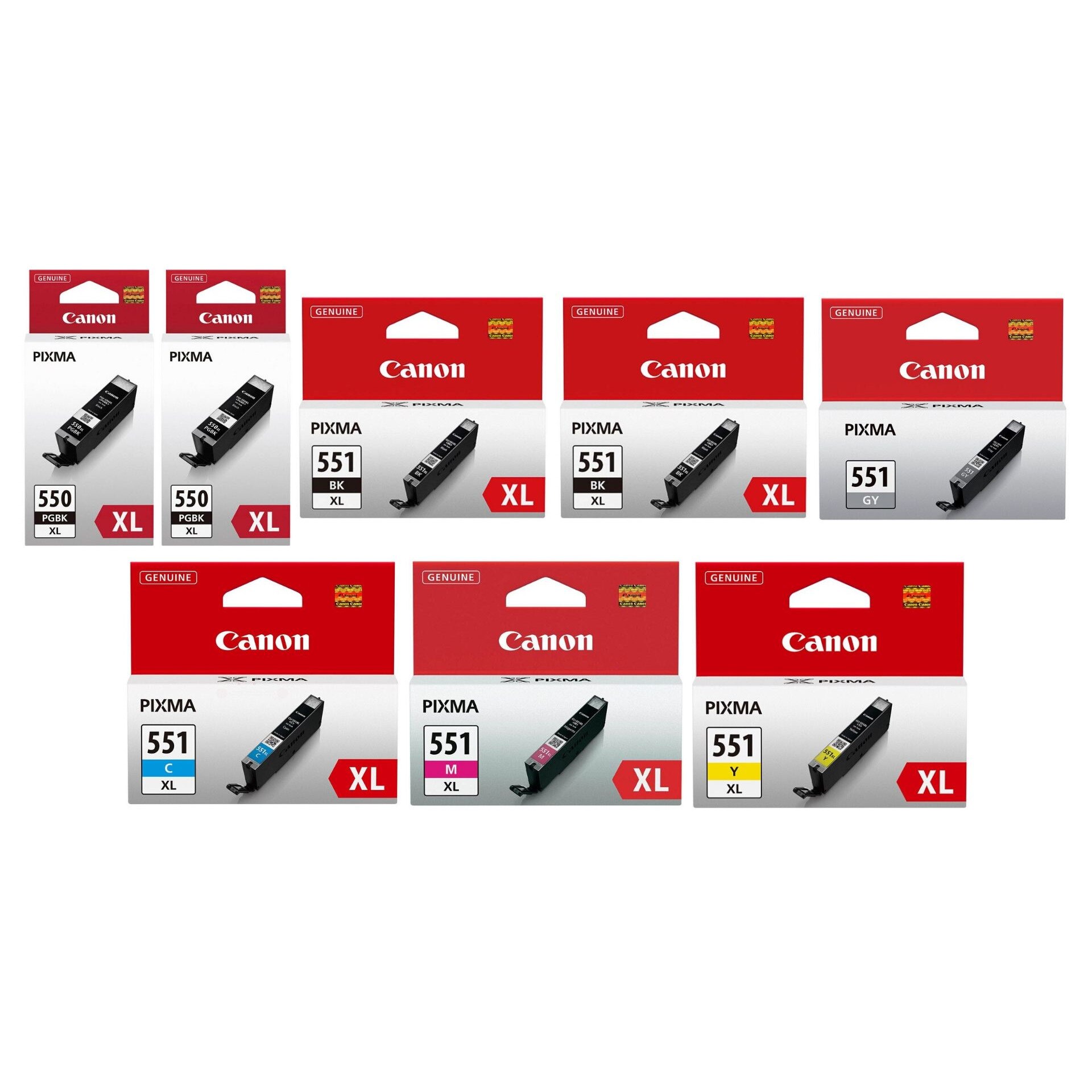 Pachet cartuse cerneala PGI-550BKXL negru x2 CLI-551BKXL negru x2 CLI-551CXL cyan CLI-551MXL magenta CLI-551YXL galben CLI-551GYXL gri Canon original 17480 pagini