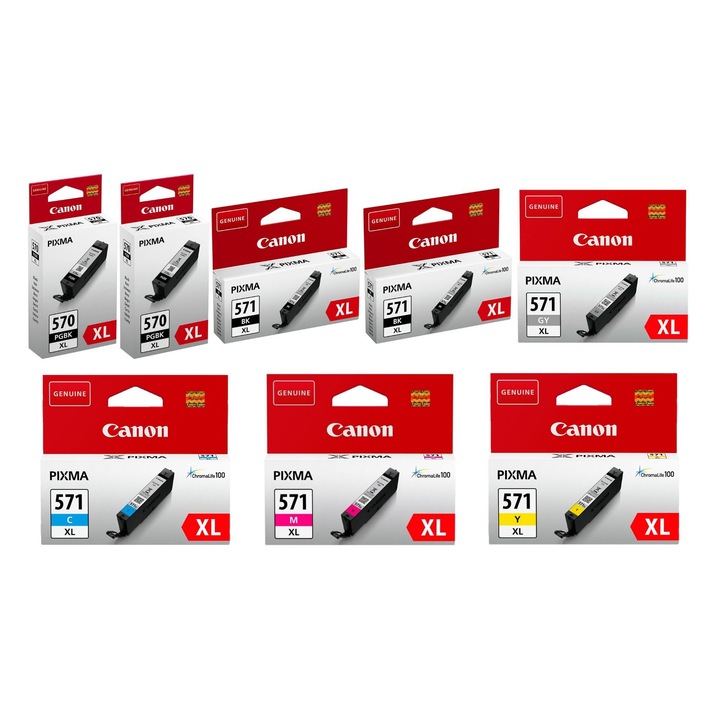 Tintapatron csomag PGI-570BK XL fekete x2 CLI-571BK XL fekete x2 CLI-571C XL cián CLI-571M XL bíbor CLI-571Y XL sárga CLI-571GY XL szürke Canon eredeti 12540 oldal