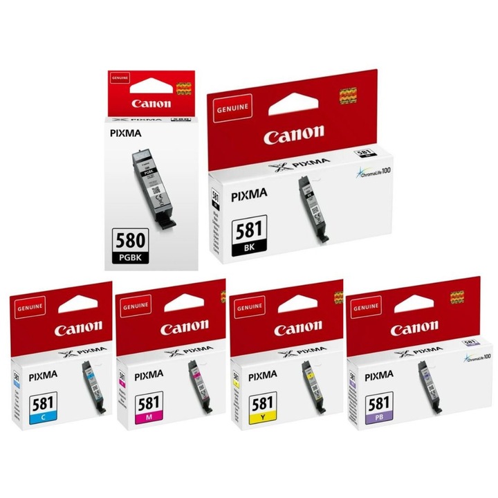 Пакет касети с мастило PGI-580PGBK черен CLI-581BK черен CLI-581C циан CLI-581M магента CLI-581Y жълт CLI-581PB син Canon фото оригинал 3351 страници