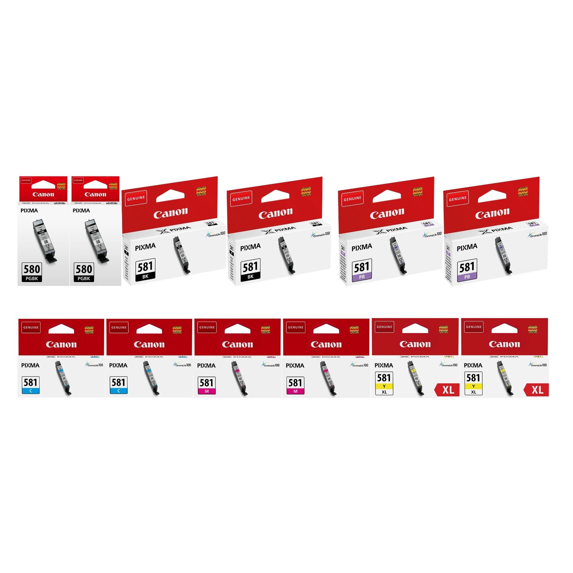 Pachet cartuse cerneala PGI-580PGBK negru x2 CLI-581BK negru x2 CLI-581C cyan x2 CLI-581M magenta x2 CLI-581Y galben x2 CLI-581PB albastru foto x2 Canon original 6702 pagini