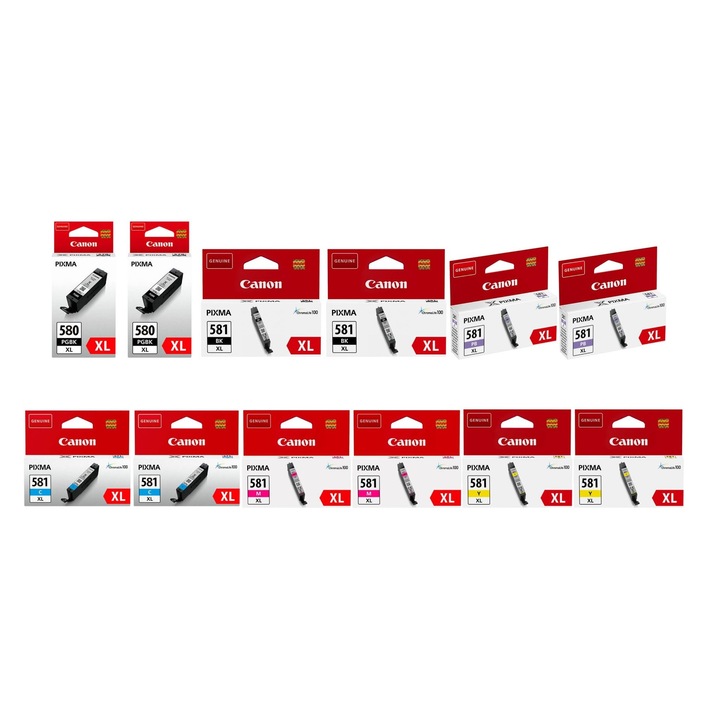 Pachet cartuse cerneala PGI-580PGBK XL negru x2 CLI-581BK XL negru x2 CLI-581C XL cyan x2 CLI-581M XL magenta x2 CLI-581Y XL galben x2 CLI-581PB XL albastru foto x2 Canon 19470 pagini