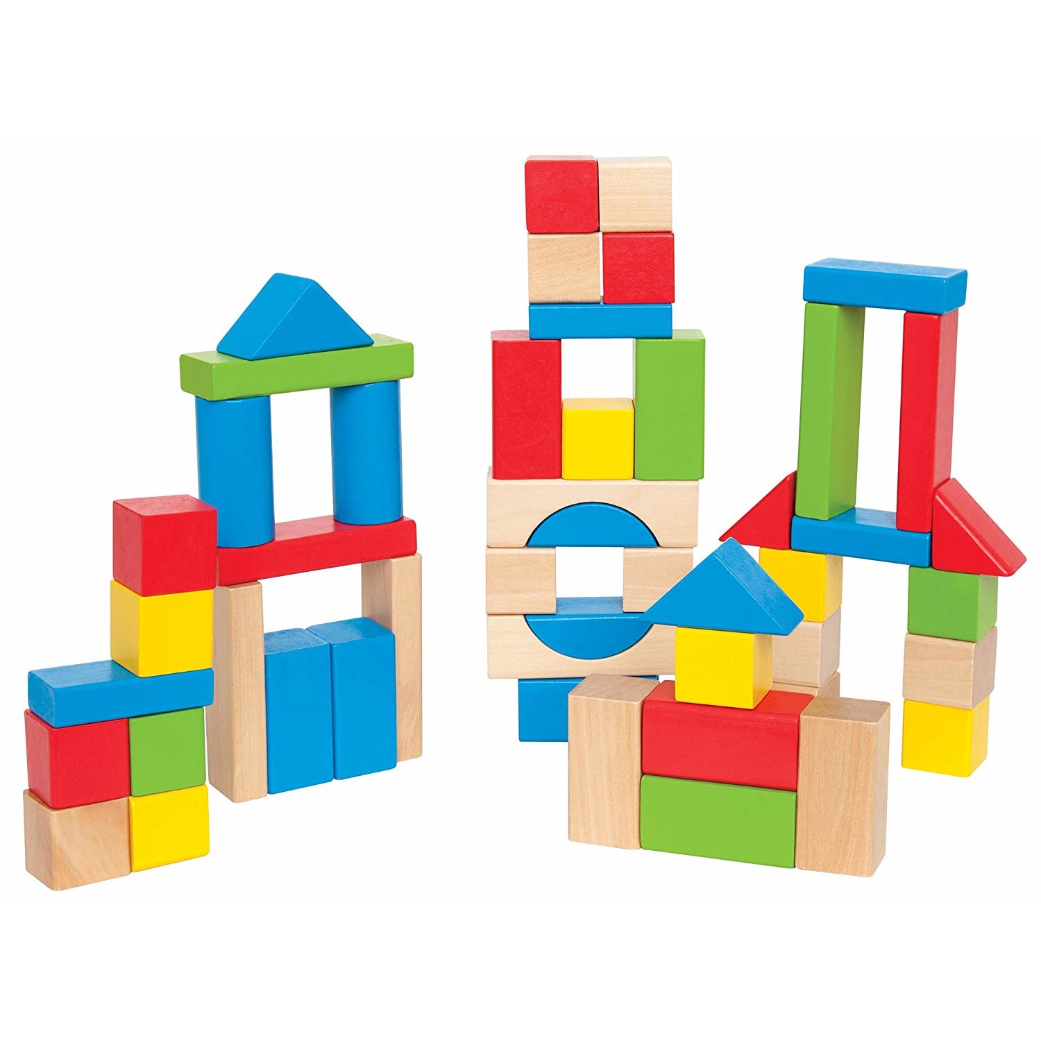 Set piese de construit Hape Maple Blocks, 50 buc din lemn, +12 luni, cu saculet depozitare inclus, multicolor
