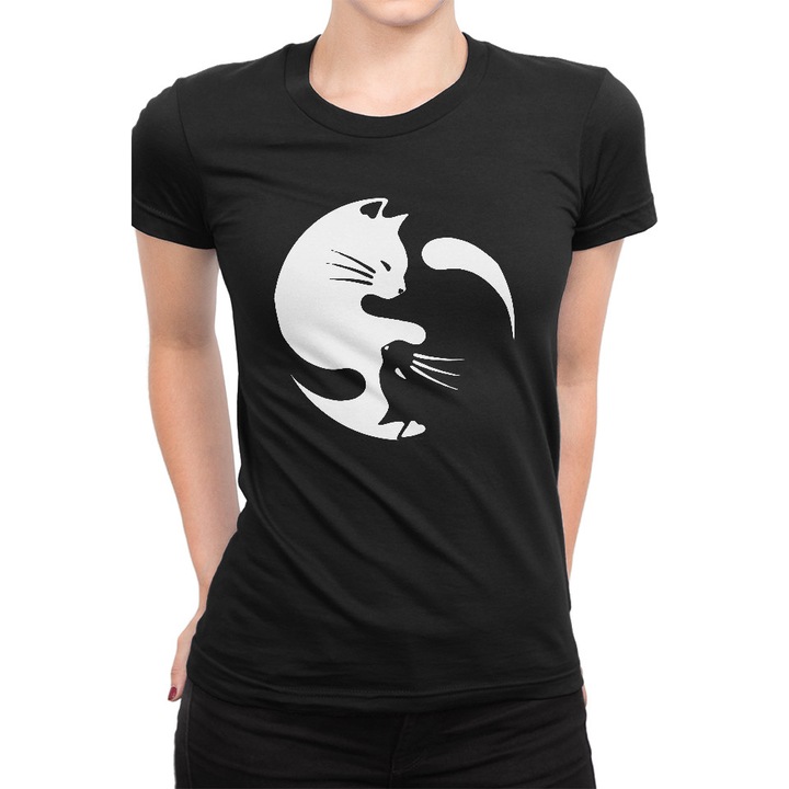 Tricou personalizat, "Yin si Yang Cat", tricou pentru femei, bumbac 100%, culoare negru, marimea XL
