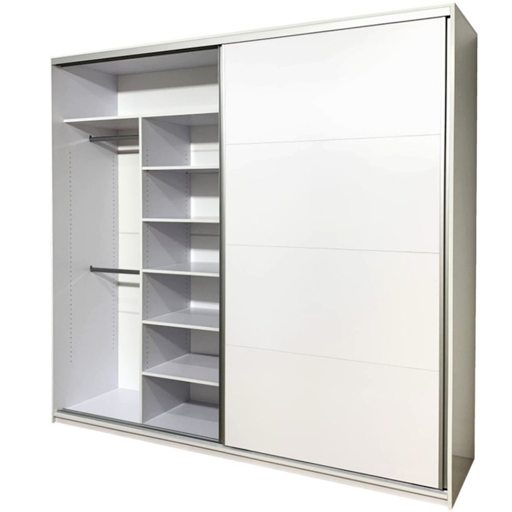 Dulap Dressing 240x240 cm Lara, usi glisante, 4 compartimente, 12 polite, 4 bare haine, Alb, PAL 18mm, sistem Hafele