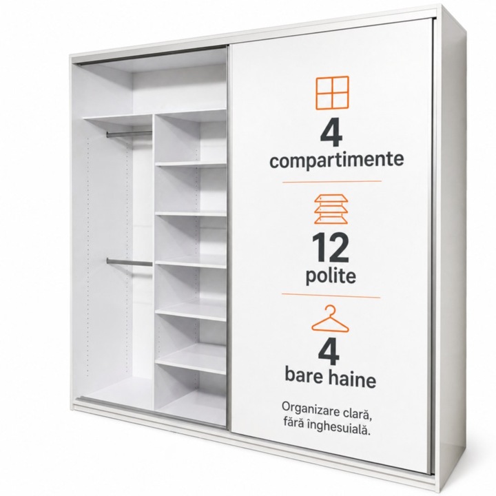 Dulap Dressing 240x240 cm Lara, usi glisante, 4 compartimente, 12 polite, 4 bare haine, Alb, PAL 18mm, sistem Hafele