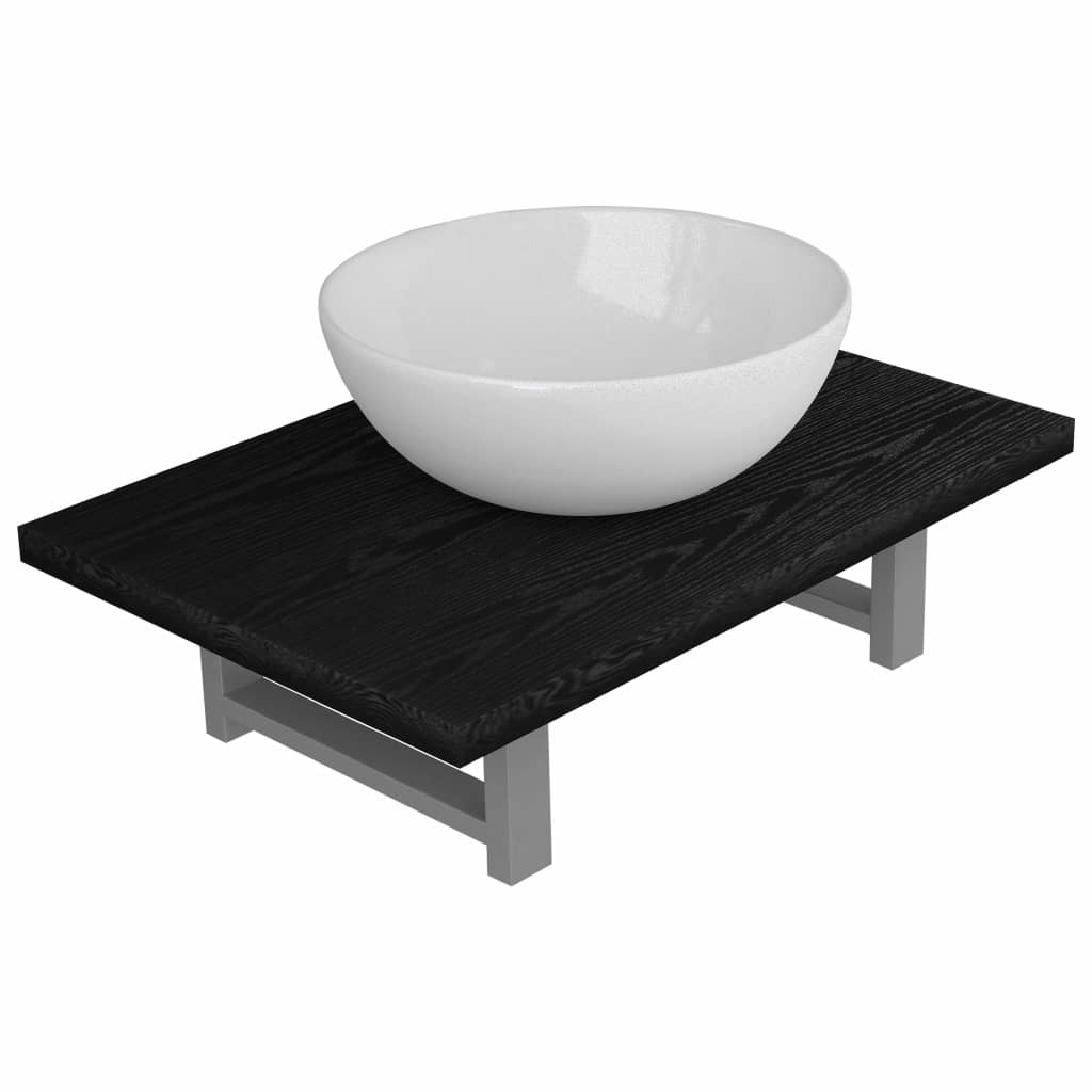 Set mobilier de baie 2 piese, vidaXL, Ceramica/PAL, raft de 60 cm si chiuveta rotunda de 32,5 cm, Negru