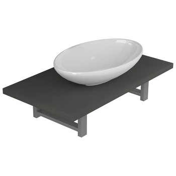 Set mobilier de baie 2 piese, vidaXL, Ceramica/PAL, raft de 60 cm si chiuveta ovala de 40 cm, Gri Set mobilier de baie 2 piese, vidaXL, Ceramica/PAL, raft de 60 cm si chiuveta ovala de 40 cm, Gri