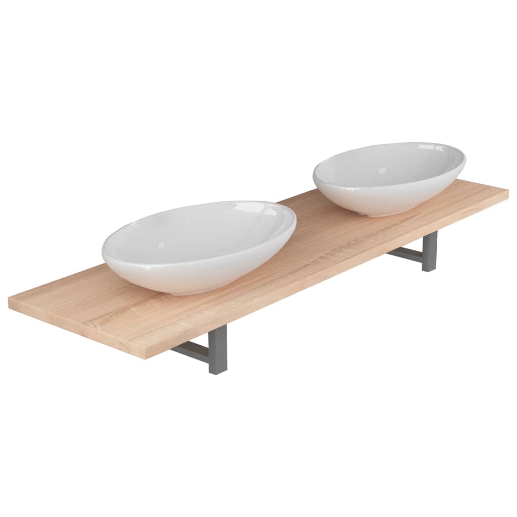 Mobila de baie cu raft de 120 cm si chiuveta ovala de 40 cm, vidaXL, Ceramica, Maro