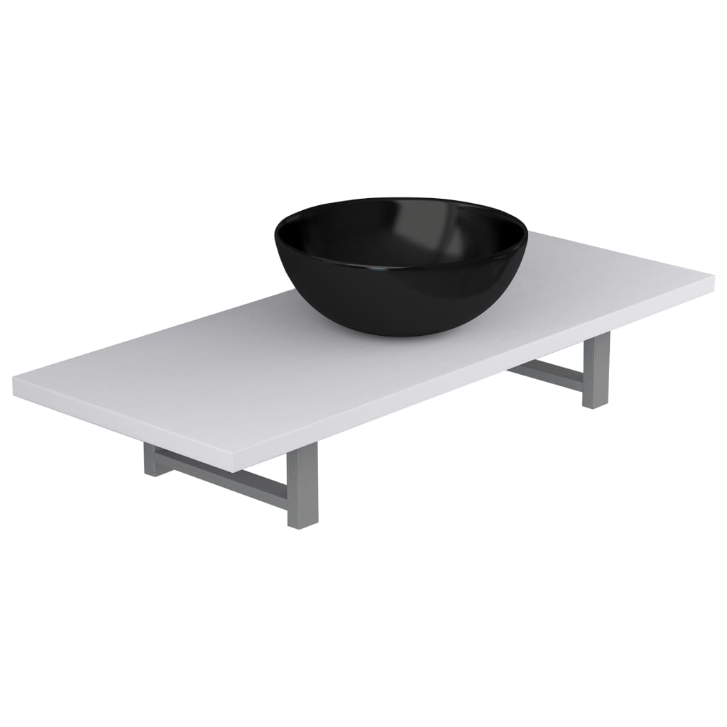 Set mobilier baie 2 piese, vidaXL, Ceramica, raft de 90 cm si chiuveta rotunda de 32,5 cm, Alb/Negru