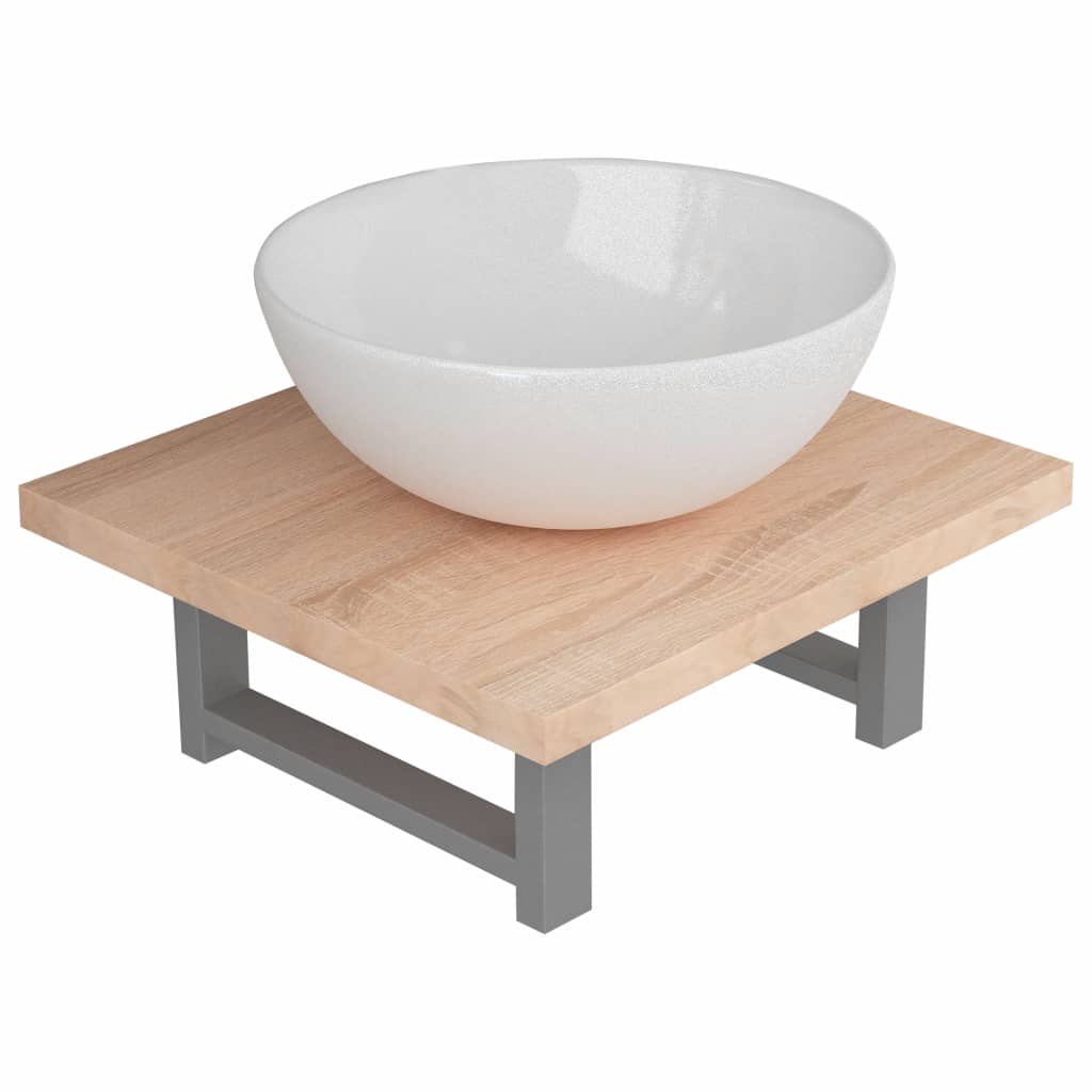 Set mobilier de baie 2 piese, vidaXL, Ceramica/Stejar, raft de 40 cm si chiuveta rotunda de 32,5 cm, Maro