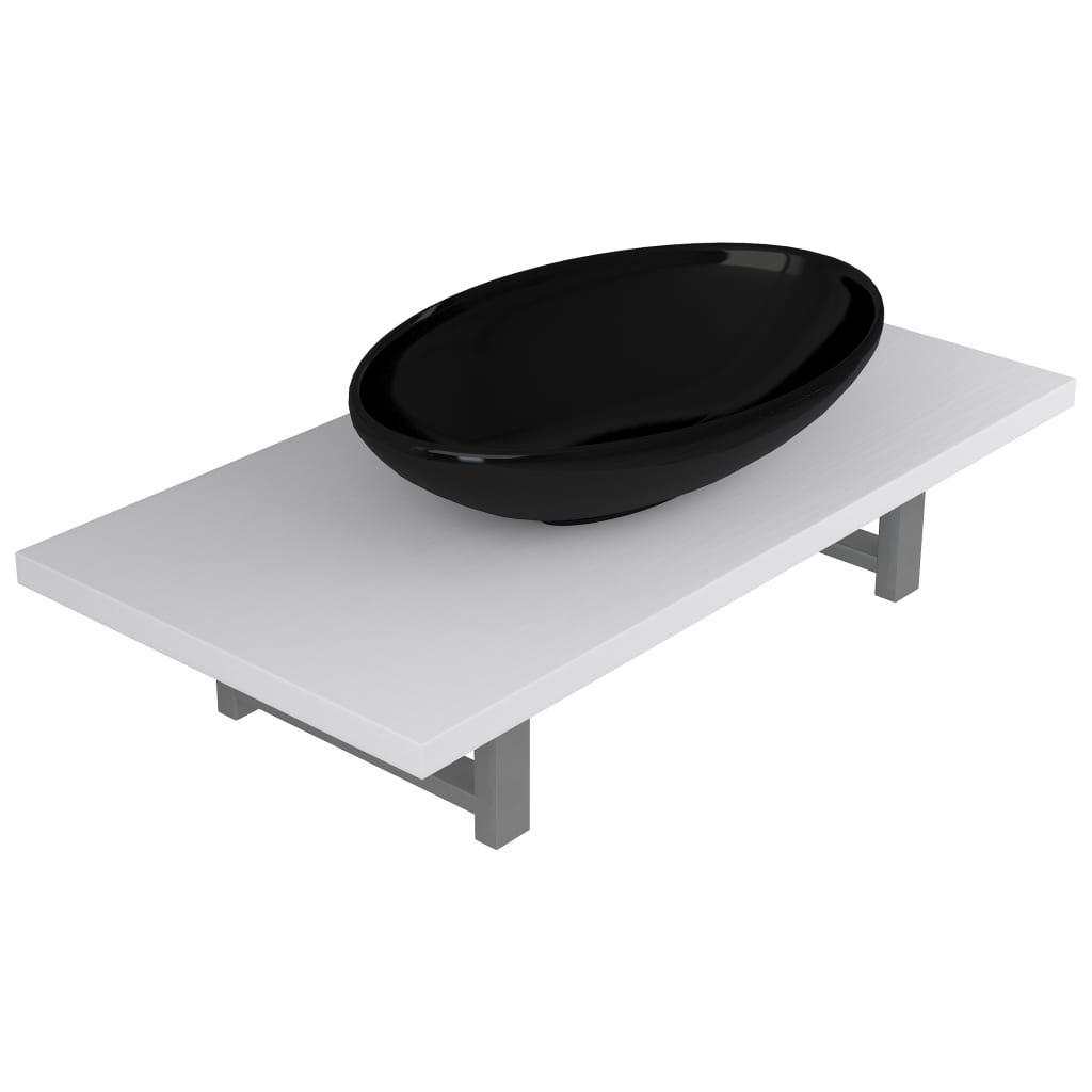 Set mobilier de baie 2 piese, vidaXL, Ceramica/PAL, raft de 60 cm si chiuveta ovala de 40 cm, Alb/Negru