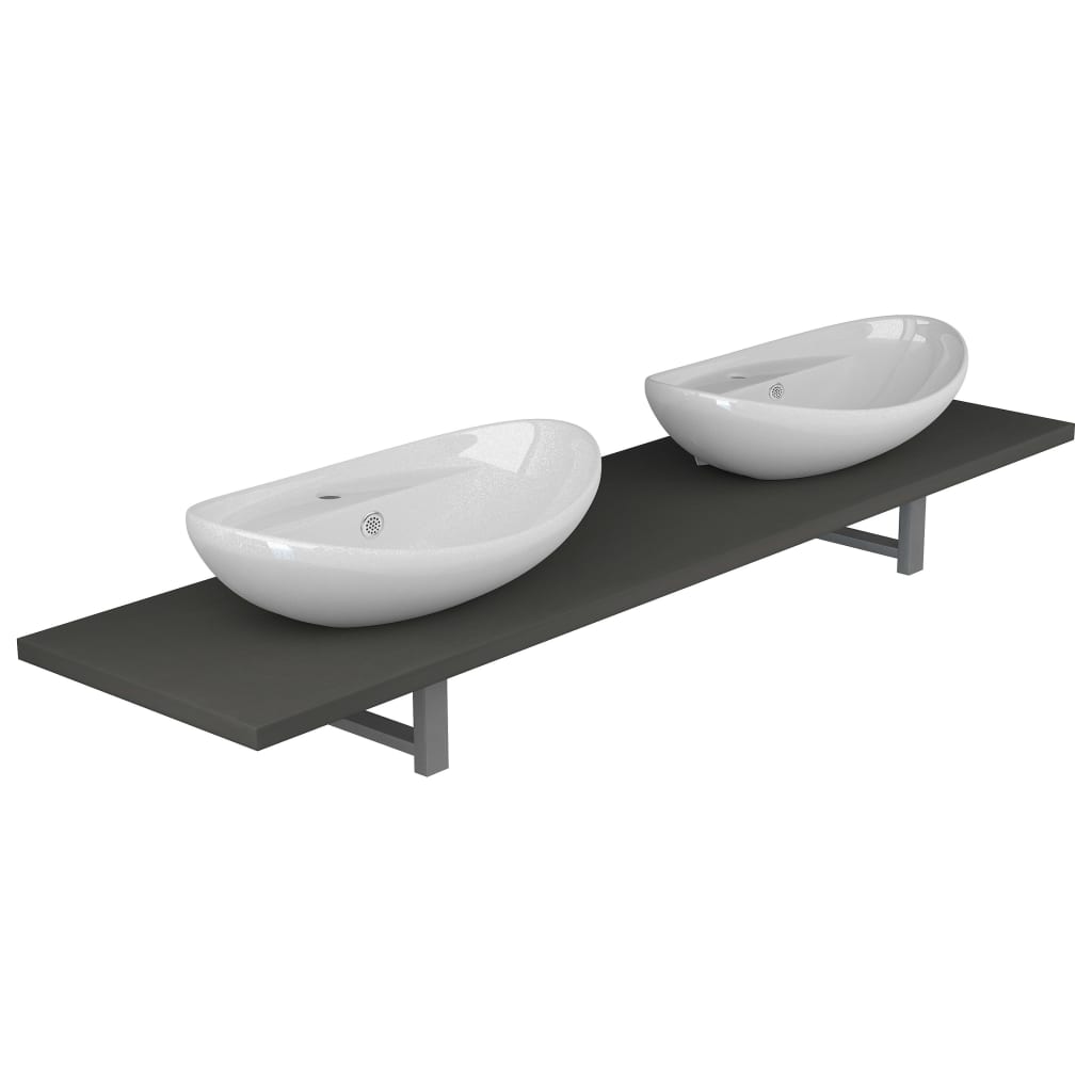 Set mobilier baie 3 piese, vidaXL, Ceramica, raft de 160 cm si 2 chiuvete ovale de 58.5 cm, Alb/Gri