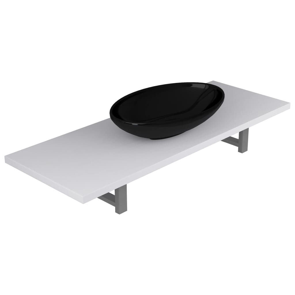 Set mobilier baie 2 piese, vidaXL, Ceramica, raft de 90 cm si chiuveta ovala de 40 cm, Alb/Negru