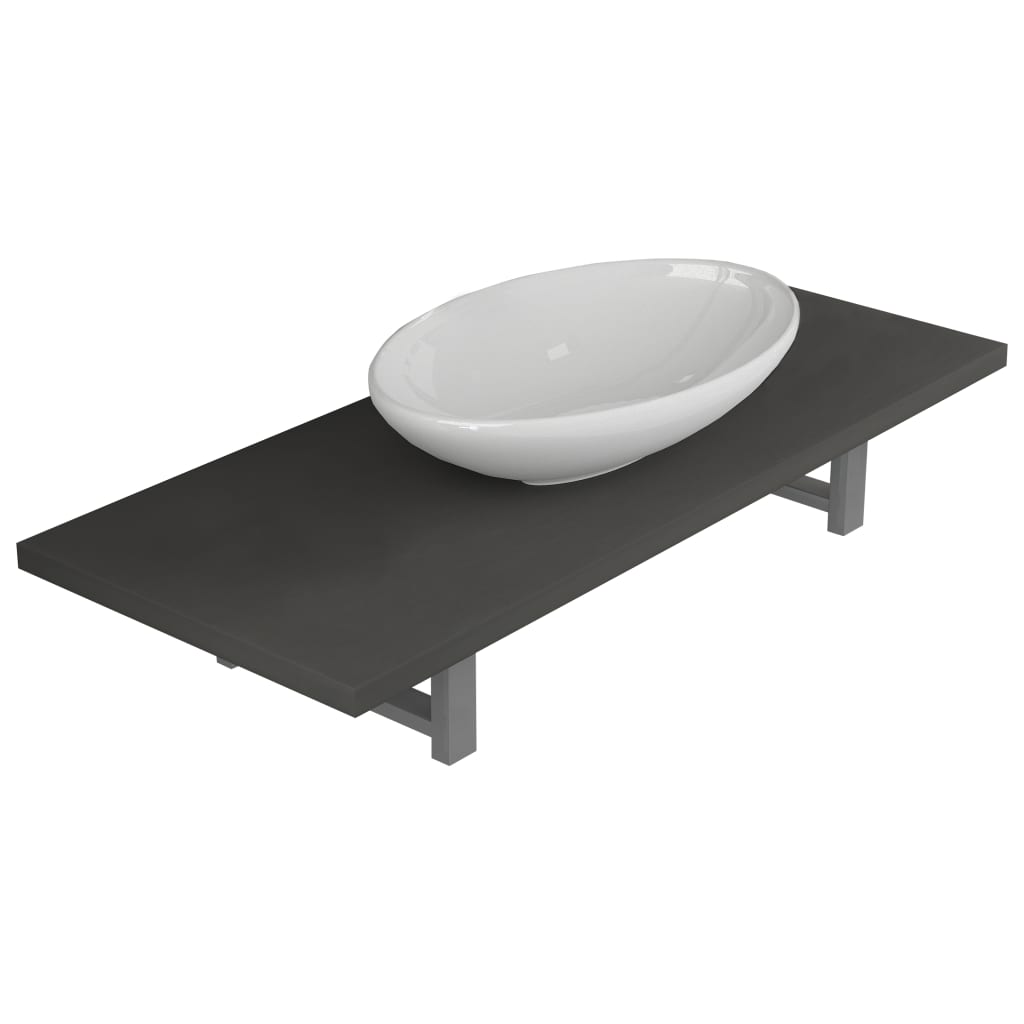 Set mobilier de baie 2 piese, vidaXL, Ceramica, raft de 90 cm si chiuveta ovala de 40cm, Gri