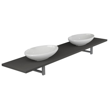 Set mobilier baie 3 piese, vidaXL, Ceramica, raft de 160 cm si 2 chiuvete ovale de 40 cm, Alb/Gri Set mobilier baie 3 piese, vidaXL, Ceramica, raft de 160 cm si 2 chiuvete ovale de 40 cm, Alb/Gri