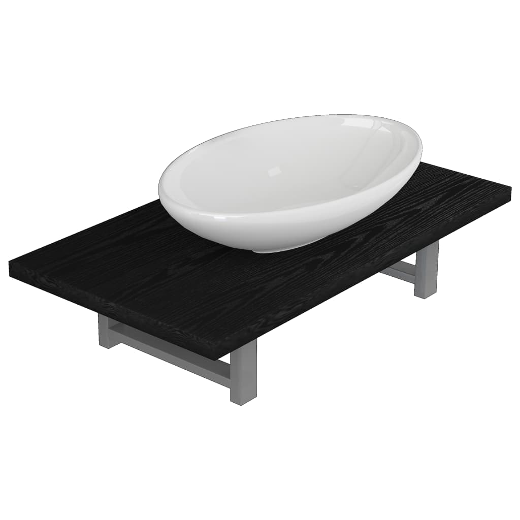 Set mobilier de baie 2 piese, vidaXL, Ceramica/PAL, raft de 60 cm si chiuveta rotunda de 40 cm, Negru