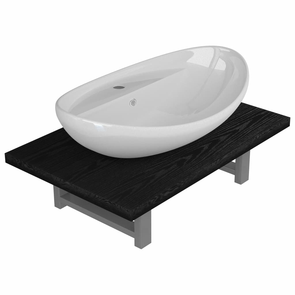 Set mobilier de baie 2 piese, vidaXL, Ceramica/PAL, raft de 60 cm si chiuveta ovala de 58,5 cm, Alb/Negru