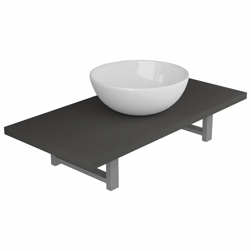 Set mobilier de baie 2 piese, vidaXL, Ceramica, raft de 90 cm si chiuveta rotunda de 32.5 cm, Gri
