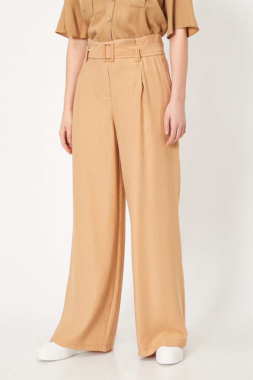 KOTON, Pantaloni din amestec de modal, cu croiala ampla si talie inalta, Bej, L