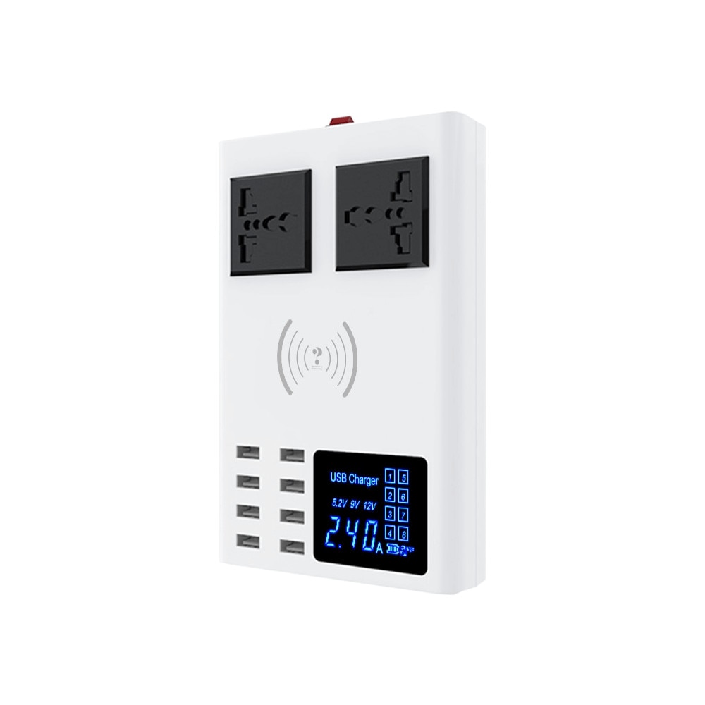 Statie de incarcare A10W 40W cu 8 x USB 2.4A max, QI Wireless Fast Charge 10W, 2 x prize universale 10A max, alb