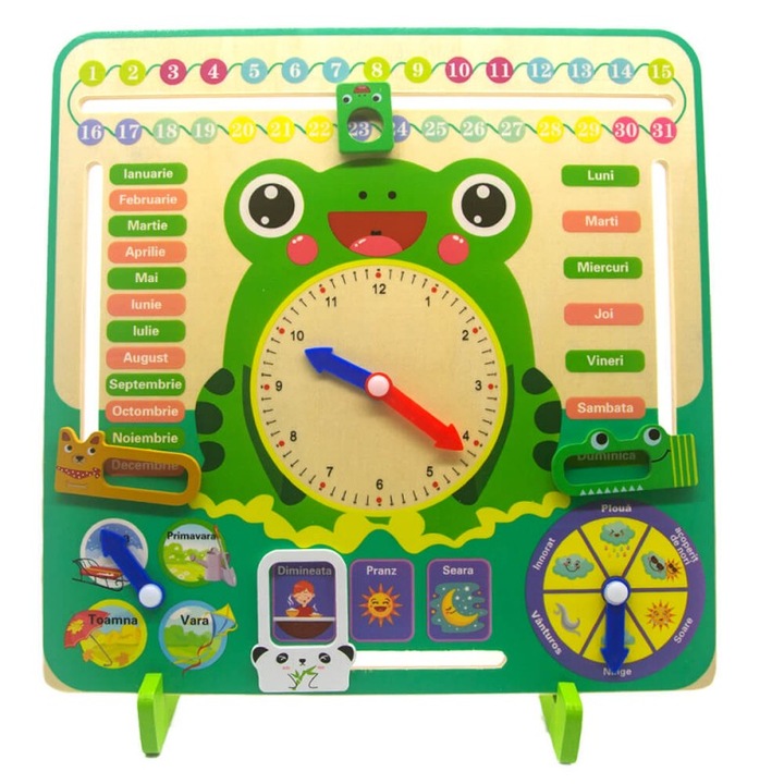 Jucarie educativa din lemn, calendar, ceas, anotimpuri, broscuta, Montessori E00054