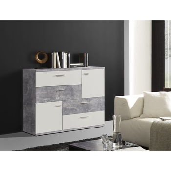 Comoda Kring Tetris, 125x96x41.3 cm, culoare alb/optica beton, 4 sertare 2 usi Comoda Kring Tetris, 125x96x41.3 cm, culoare alb/optica beton, 4 sertare 2 usi