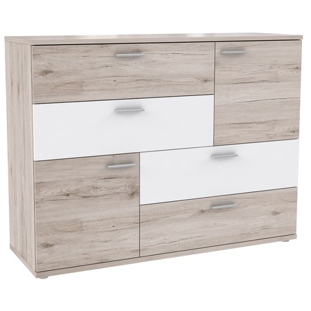 Comoda Kring Tetris, 125x96x41.3 cm, culoare stejar nisipiu/alb, 4 sertare 2 usi