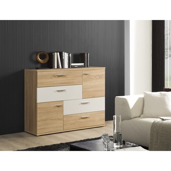 Comoda Kring Tetris, 125x96x41.3 cm, culoare stejar sonoma/alb, 4 sertare 2 usi Comoda Kring Tetris, 125x96x41.3 cm, culoare stejar sonoma/alb, 4 sertare 2 usi