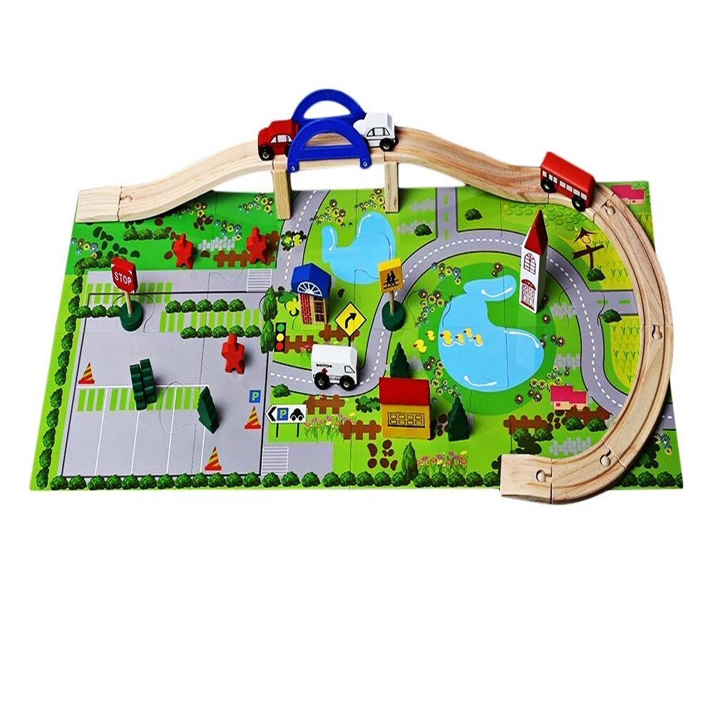 Set Asamblare Pasaj Rutier AKU, 40 piese din lemn Ecologic, Jucarie educationala pentru copii cu Masinute si Decor, AK8325