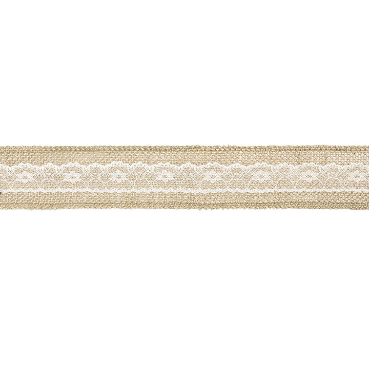 Панделка от юта с дантела, Деко, Кафяво/Бяло, 5 х 500 см