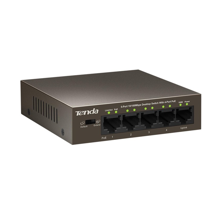Tenda TEF1105P-4-63W Switch, 5 x 10/100 Mbps, 4 PoE port, 6KV villámvédelem, 250m lefedettség