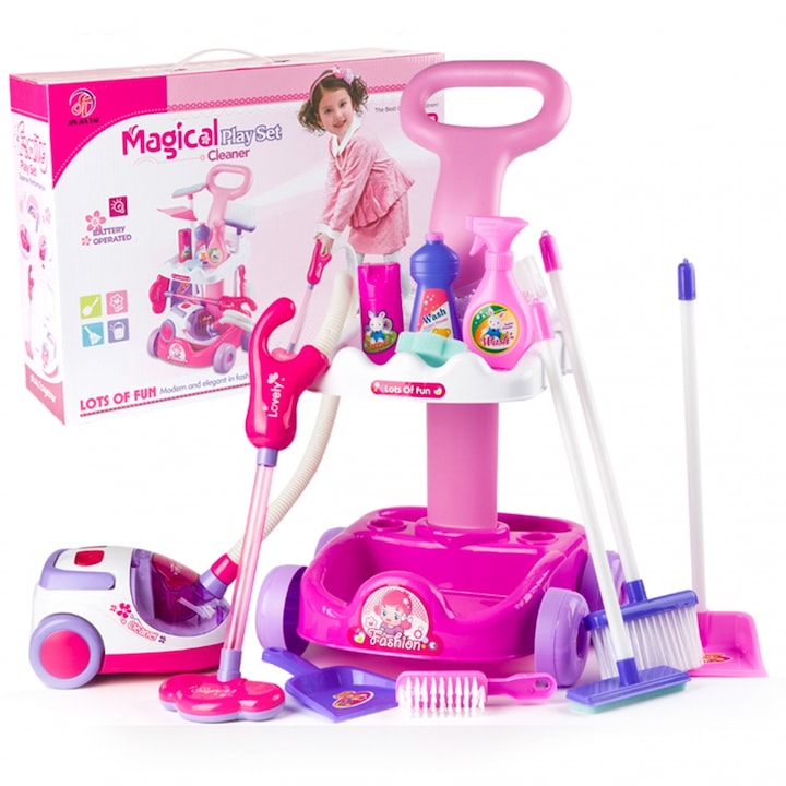 ISP Magical Cleaner gyerek takarító szett, 2 az 1-ben interaktív oktatási játékkészlet, működő porszívóval, felmosóval, kefével, seprűvel és tisztító tartozékokkal
