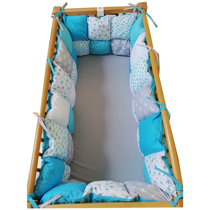 Aparatori laterale patut bebelusi, Model patrate pufoase, Stelute si norisori turcoaz/alb/gri, 2 piese